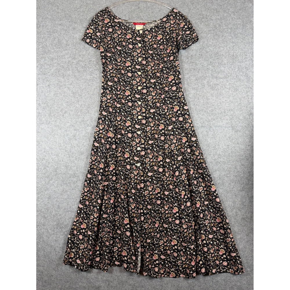 Esprit Maxi Dress Womens Medium Black Floral Vintage Good Rayon Short Sleeve
